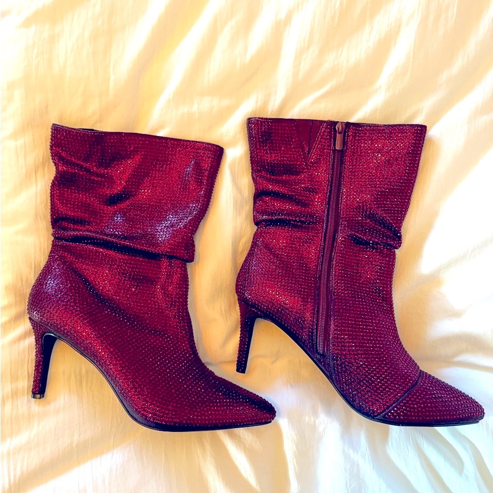 RED Rhinestone Slouch Boot. Never worn! Size 12w from Torrid.